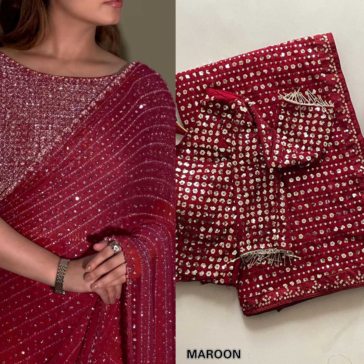 Faux Georgette Saree in Wine