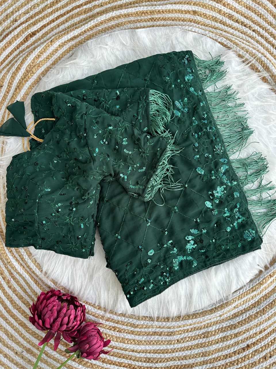 Faux Georgette Saree in Rani