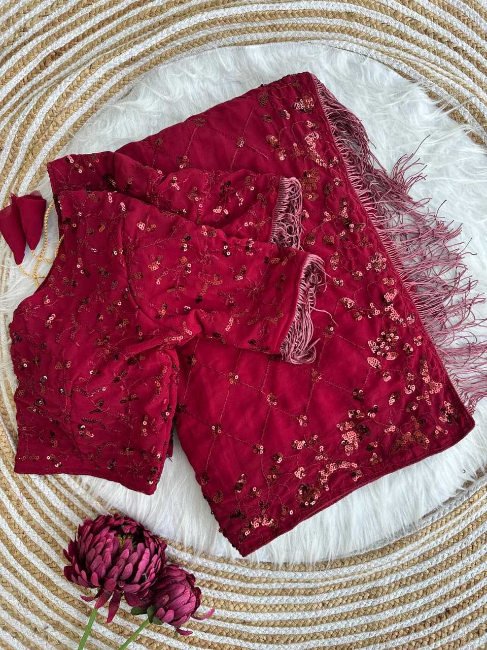 Faux Georgette Saree in Rani