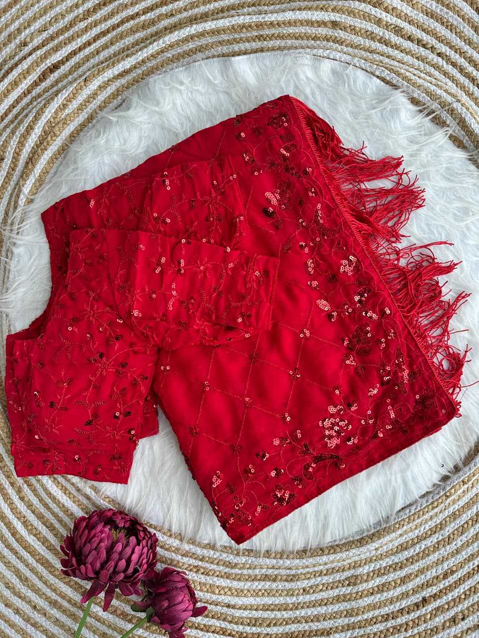 Faux Georgette Saree in Rani
