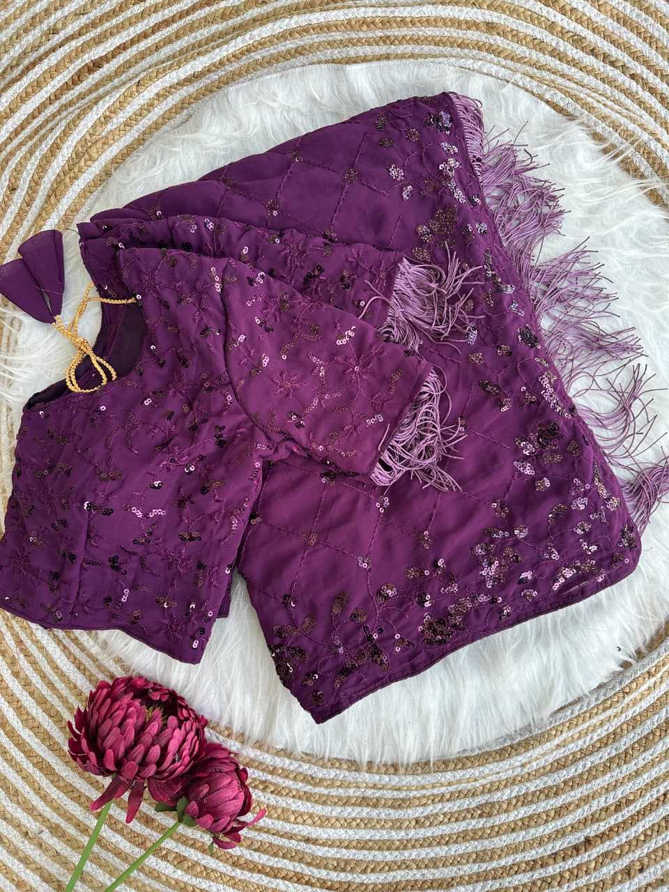 Faux Georgette Saree in Rani