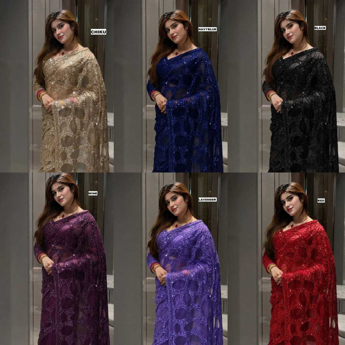 Butterfly Net Sequence Saree in Red