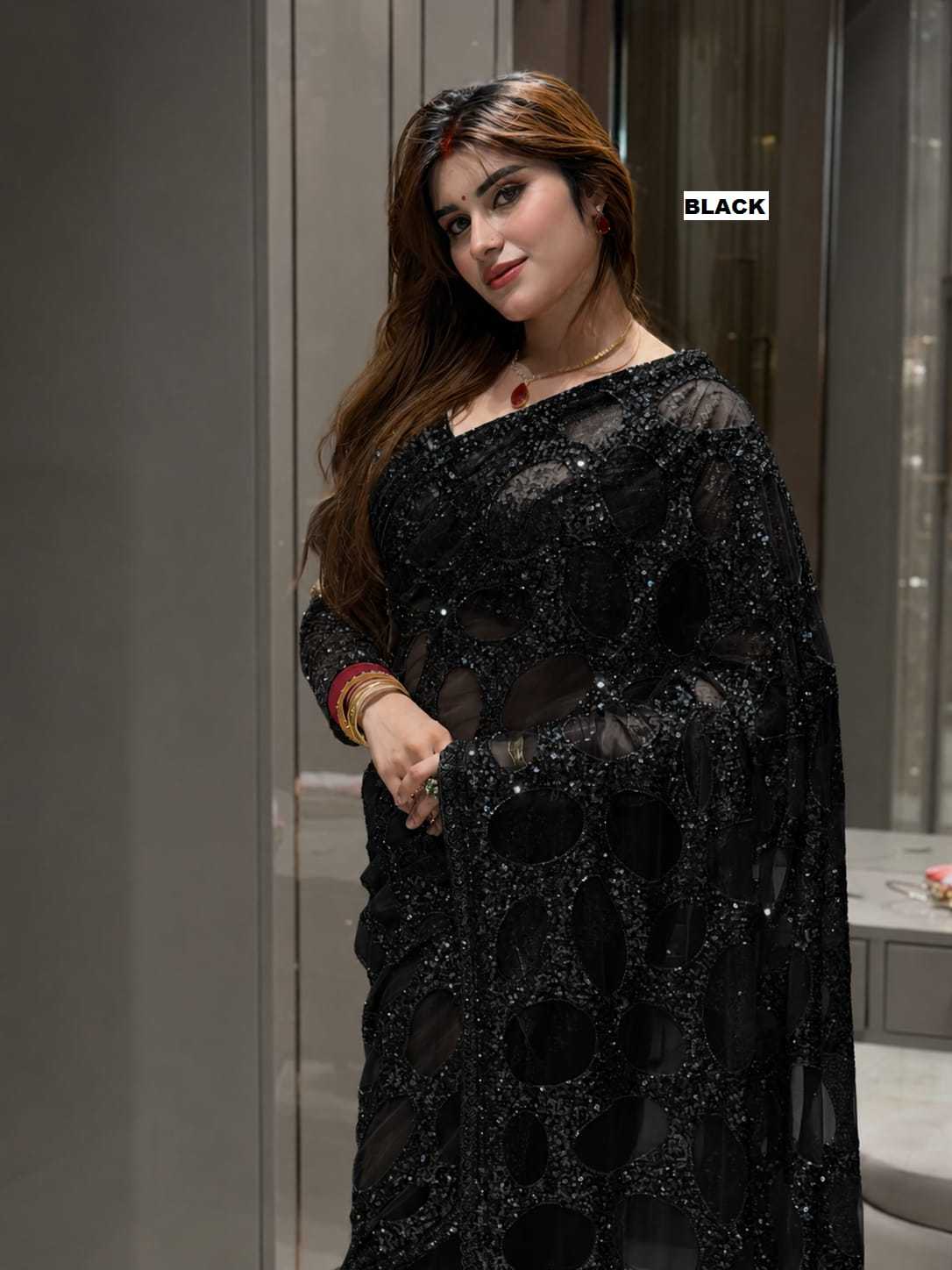 Butterfly Net Sequence Saree in Red