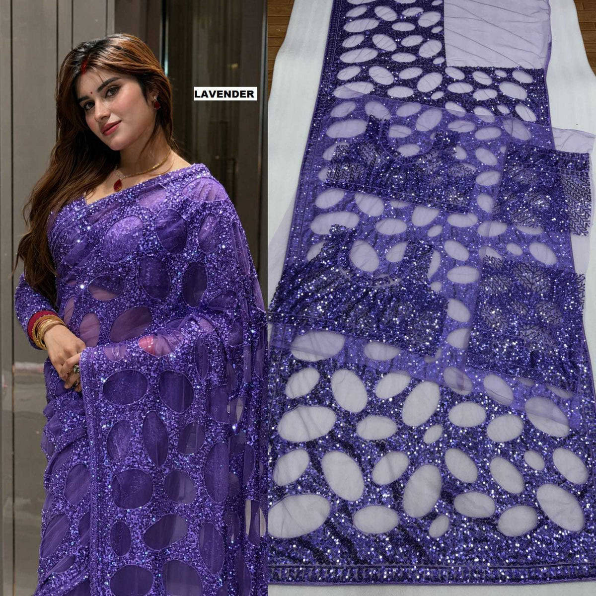 Butterfly Net Sequence Saree in Red