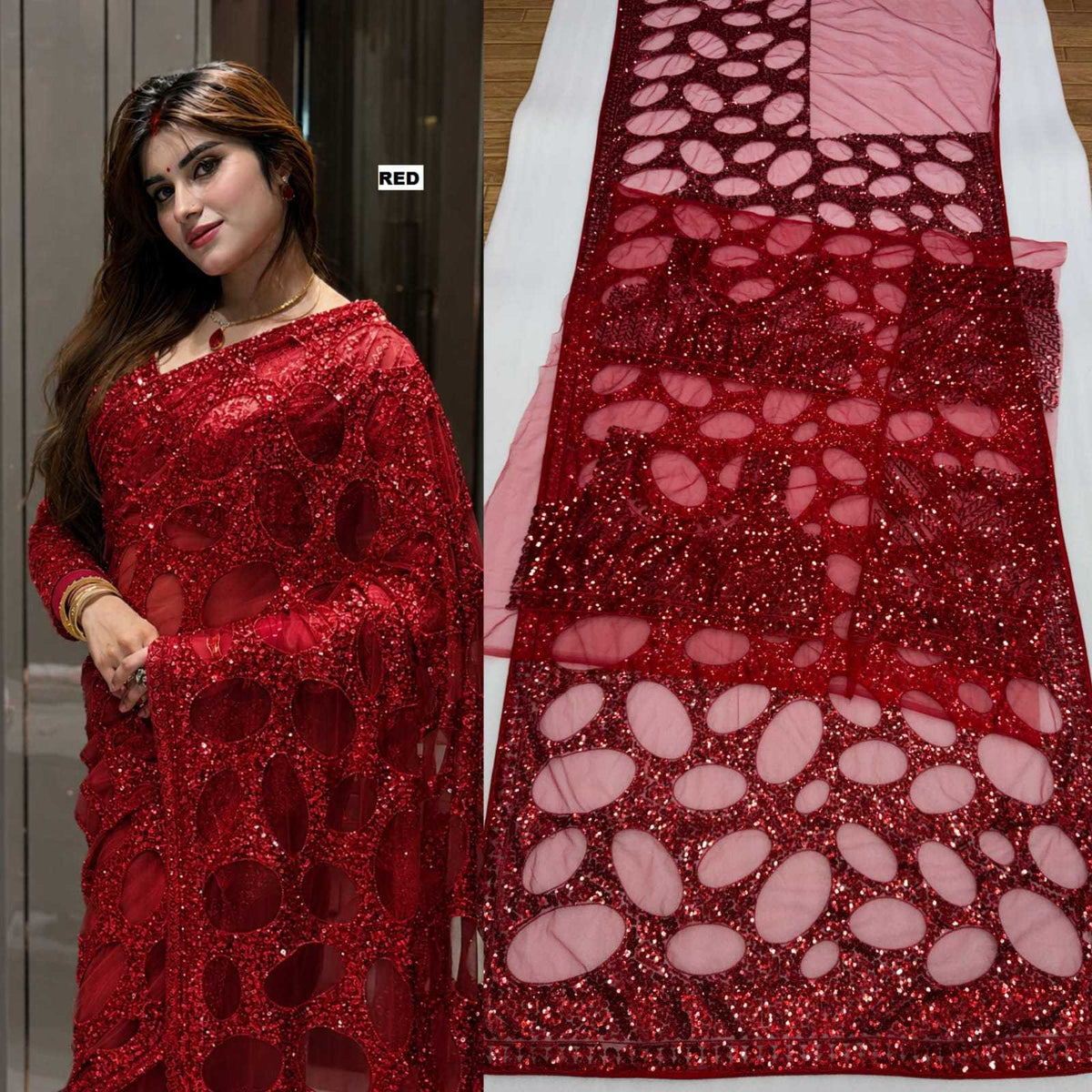 Butterfly Net Sequence Saree in Red