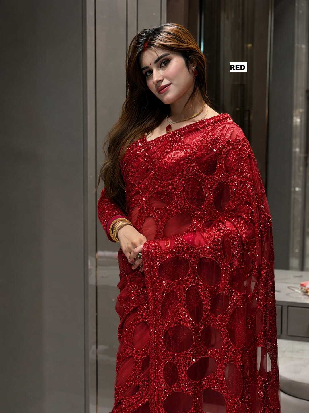 Butterfly Net Sequence Saree in Red