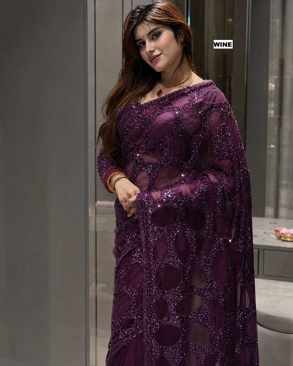 Butterfly Net Sequence Saree in Red