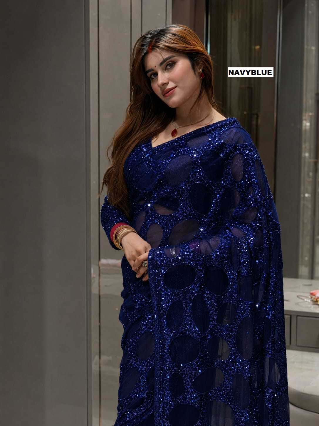 Butterfly Net Sequence Saree in Red