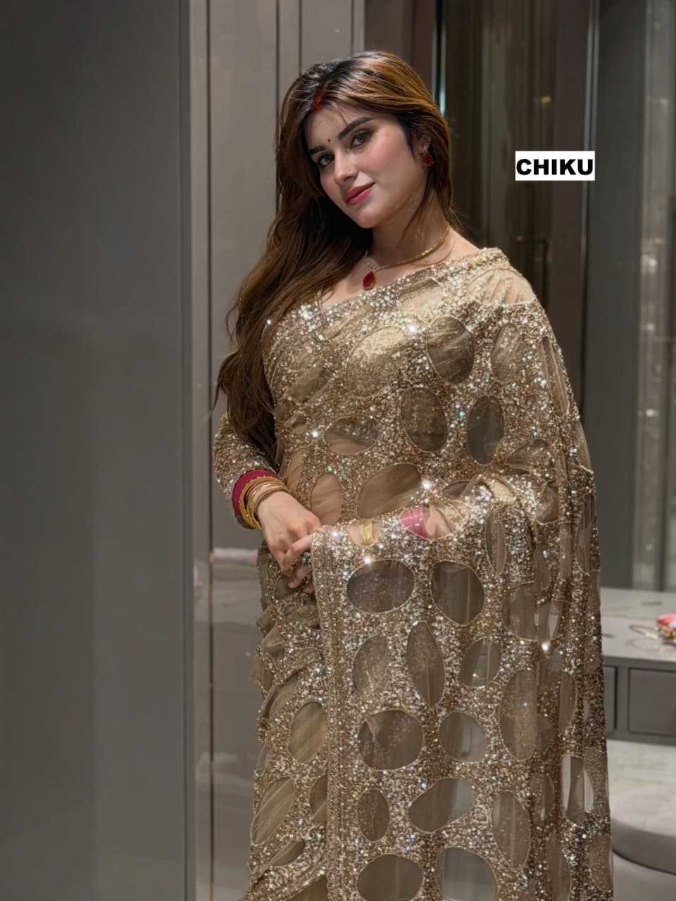 Butterfly Net Sequence Saree in Red