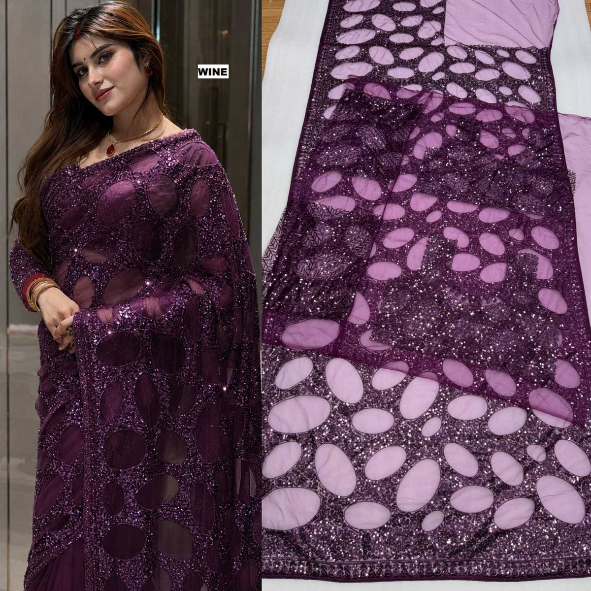 Butterfly Net Sequence Saree in Red