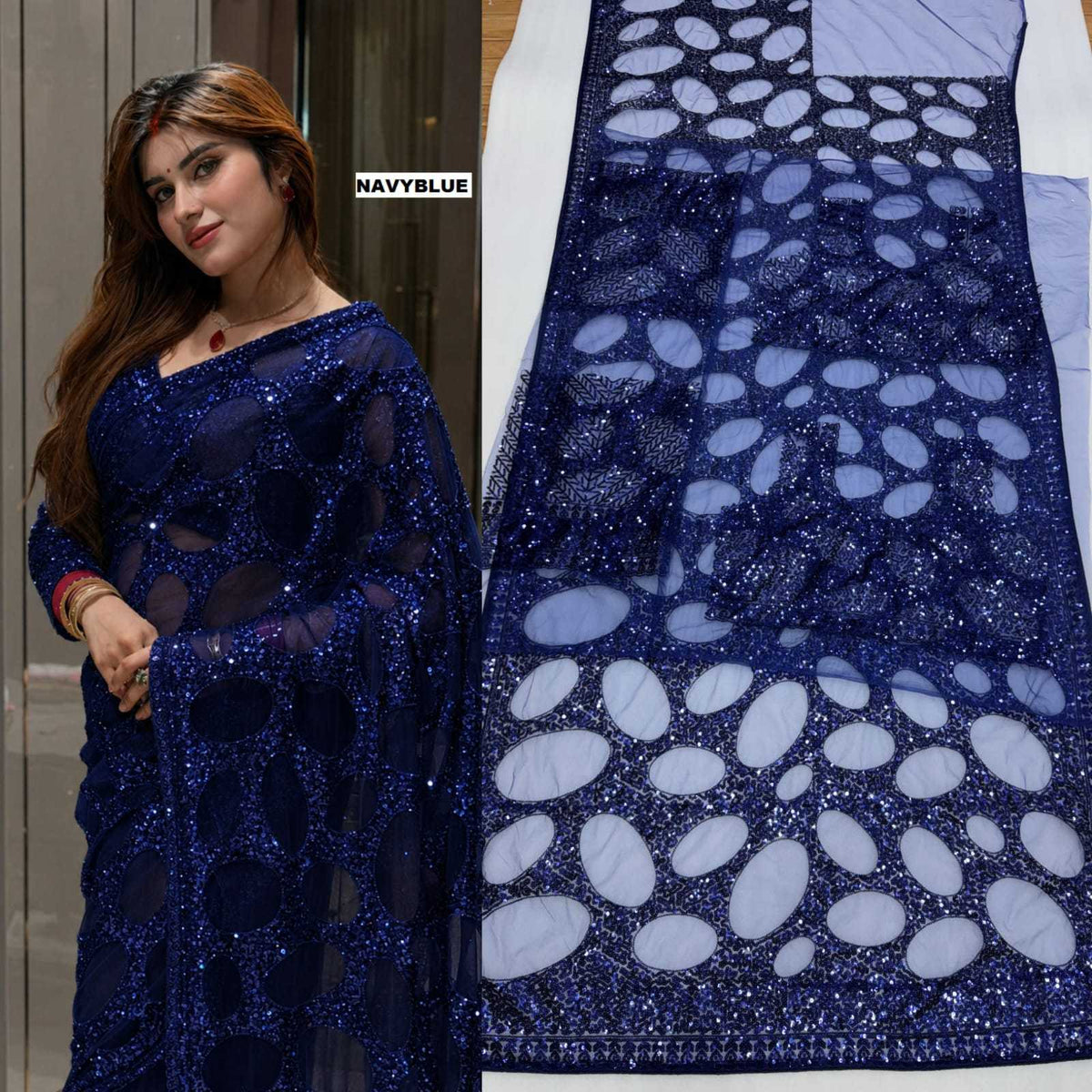 Butterfly Net Sequence Saree in Red