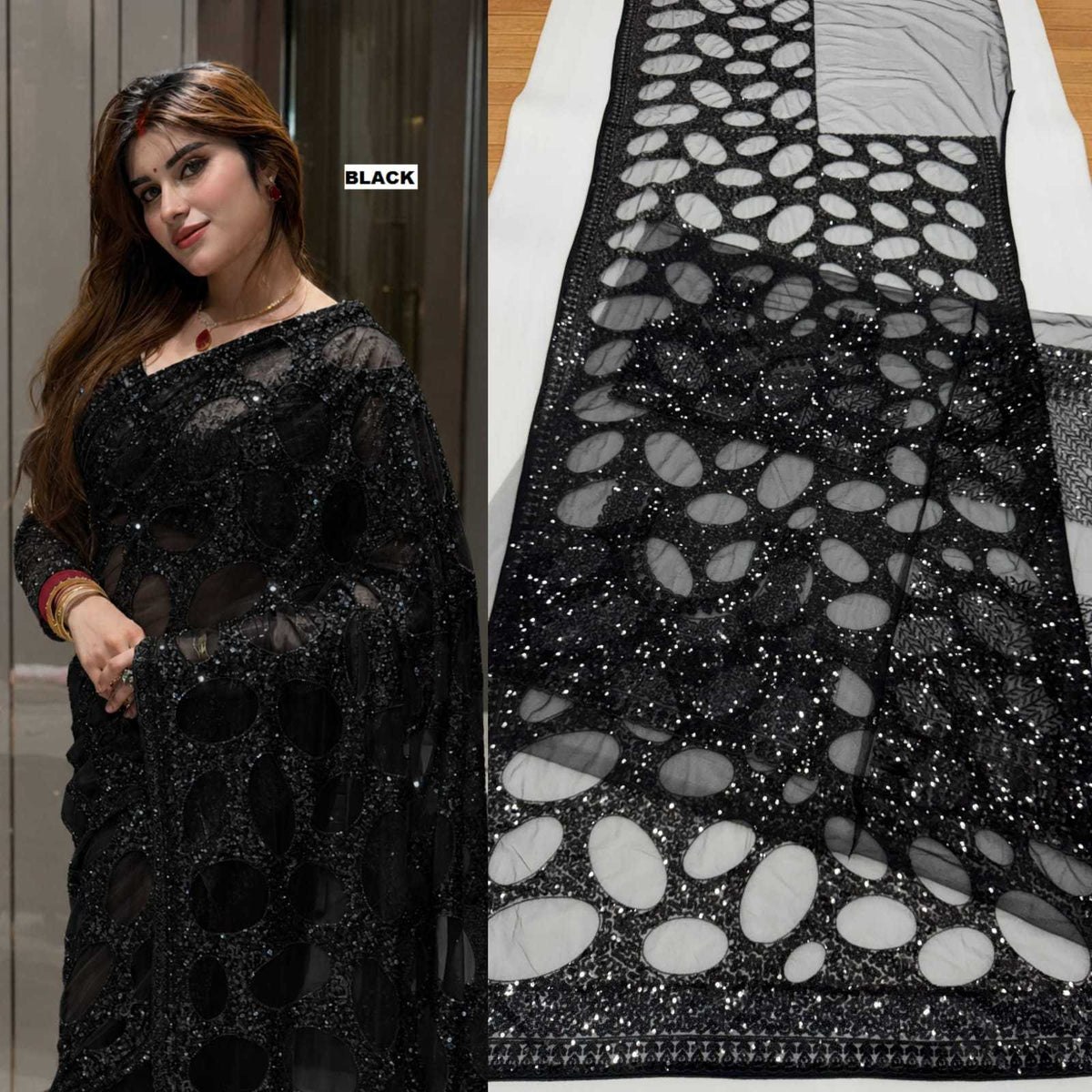 Butterfly Net Sequence Saree in Red