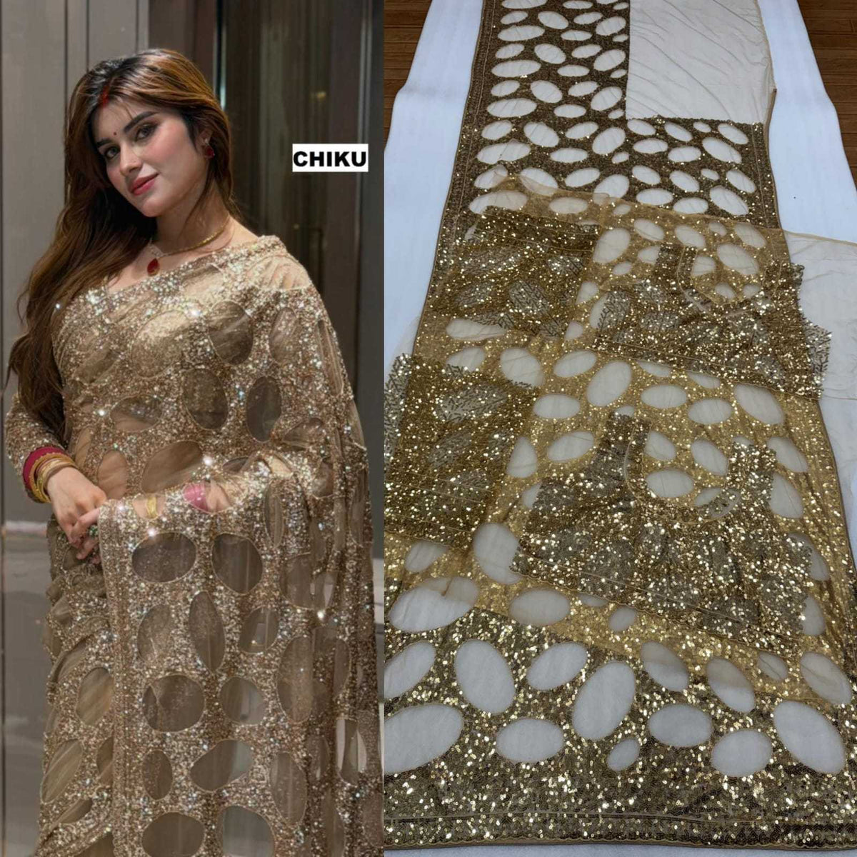Butterfly Net Sequence Saree in Red