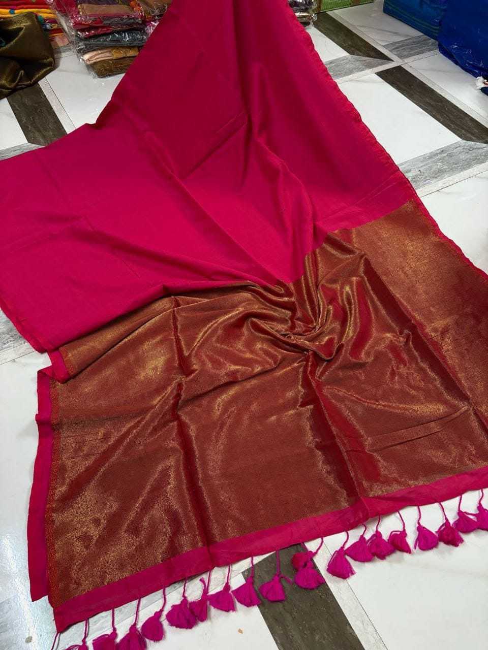 Solid Khadi Cotton Zari Border Saree