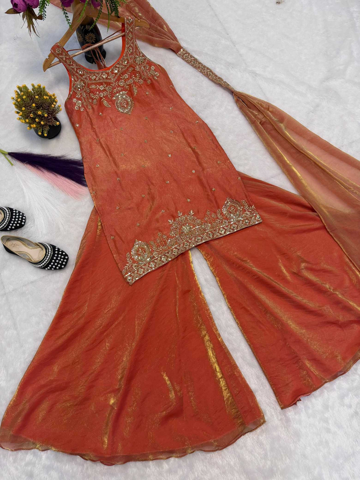 Pure Silk Embroidery Suit in Orange