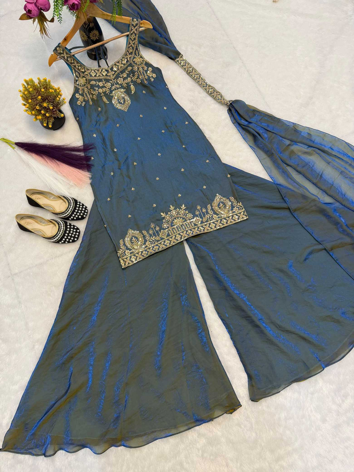 Pure Silk Embroidery Suit in Orange