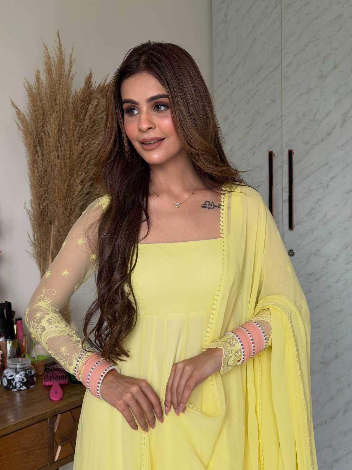 Faux Georgette Suit in Yellow