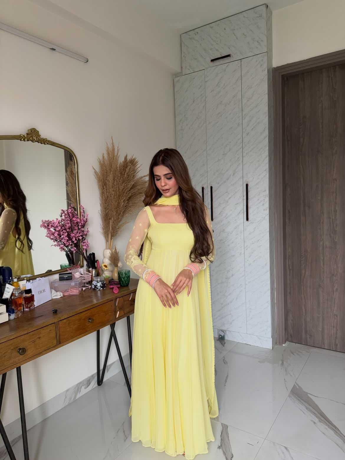 Faux Georgette Suit in Yellow