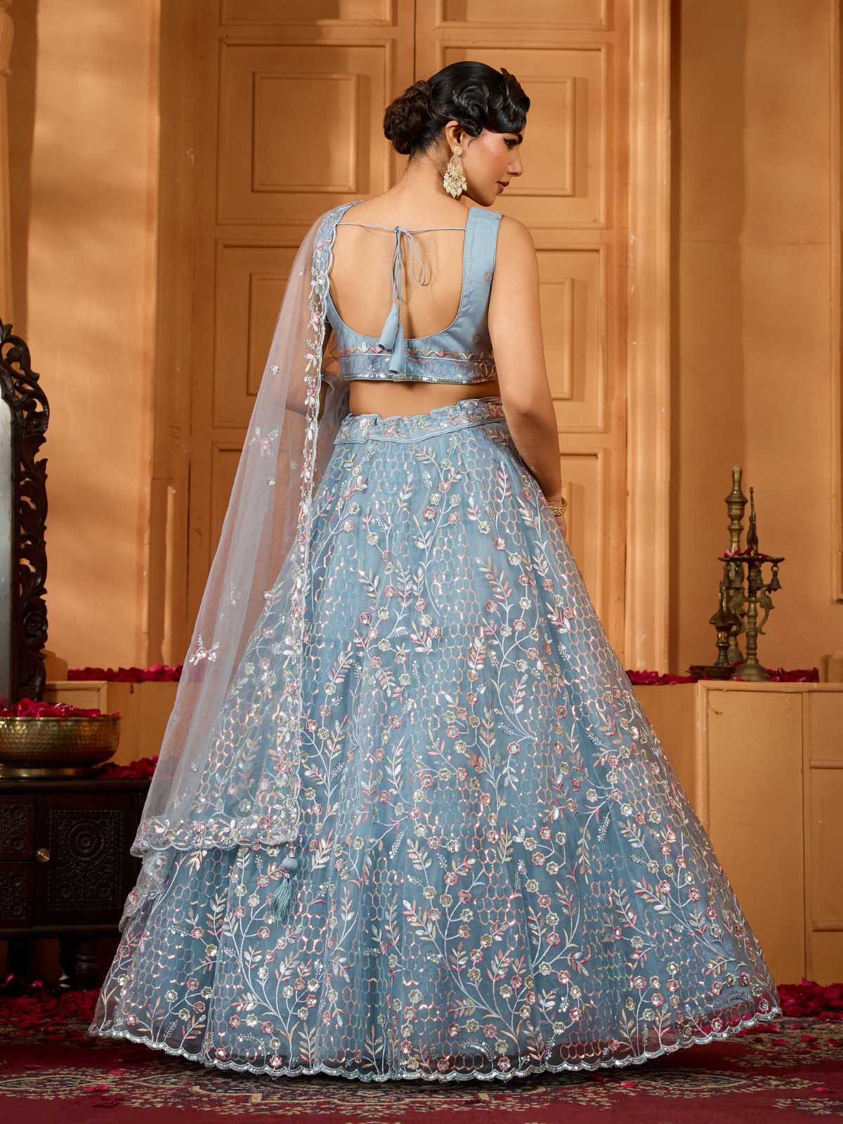 Net Designer Lehenga in Sky
