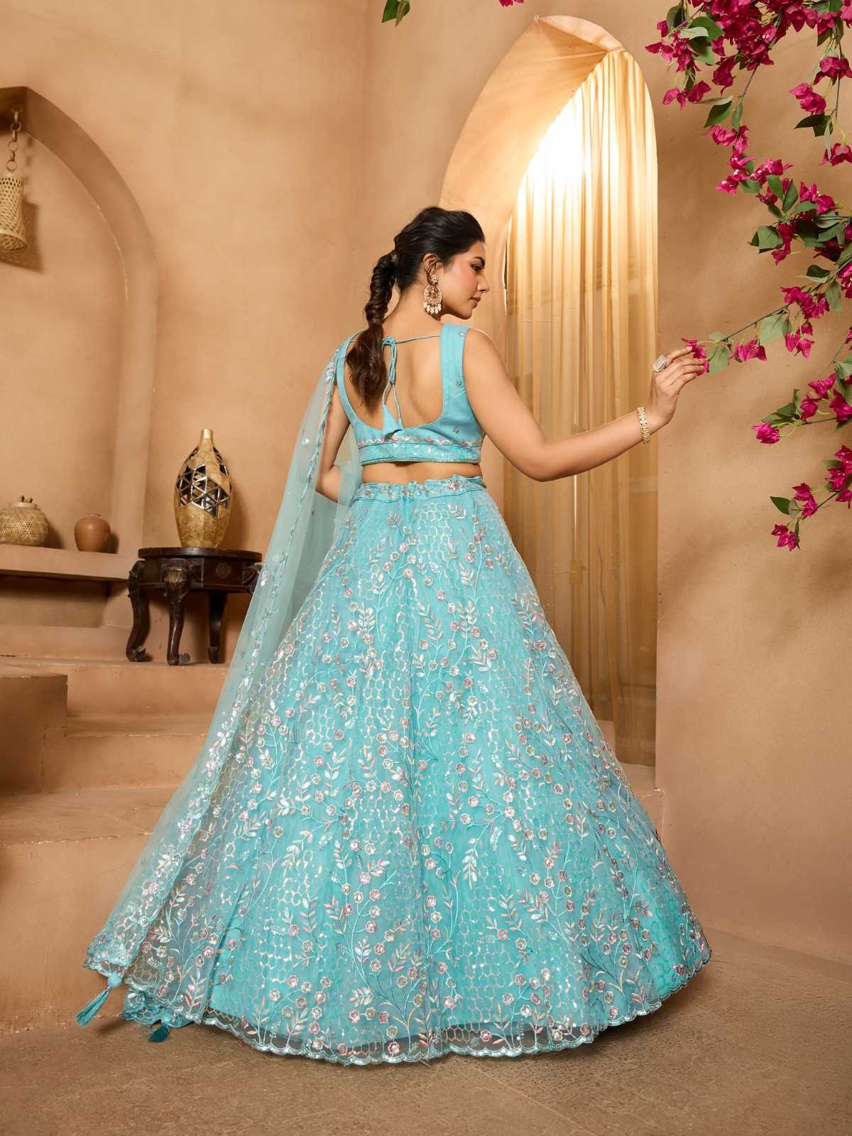 Net Designer Lehenga in Sky