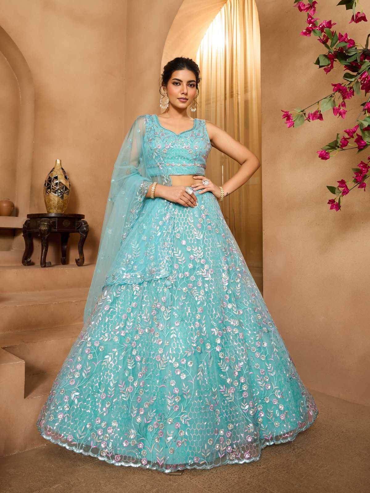 Net Designer Lehenga in Sky