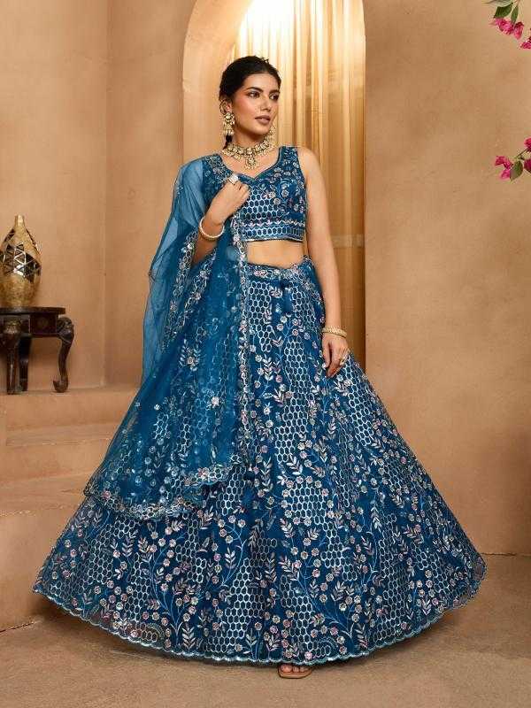 Net Designer Lehenga in Sky