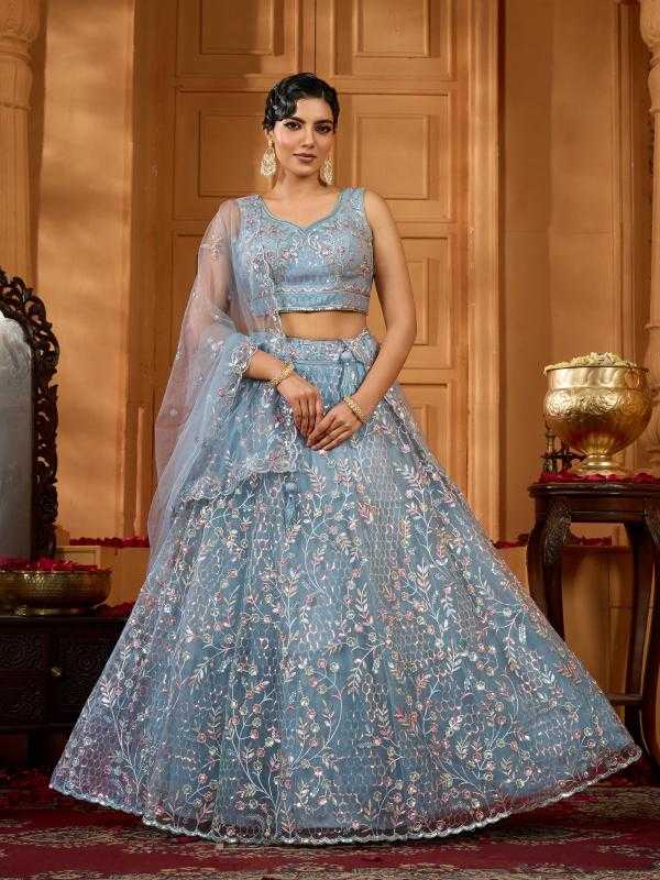 Net Designer Lehenga in Sky