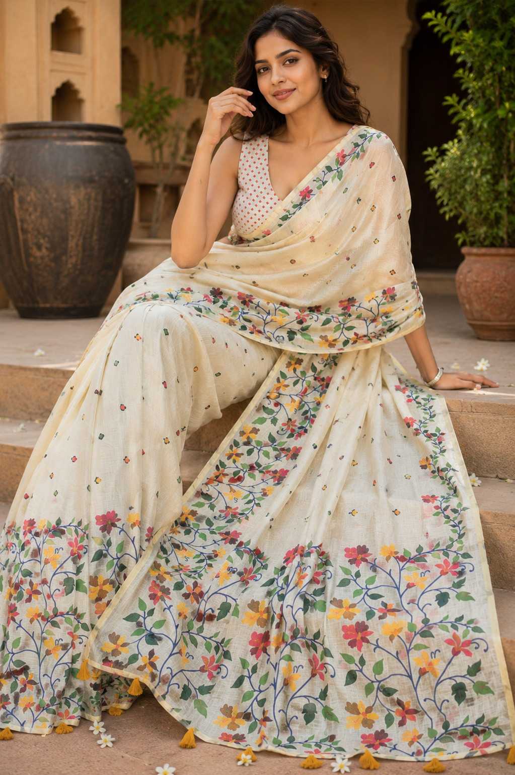 Linen Floral Saree