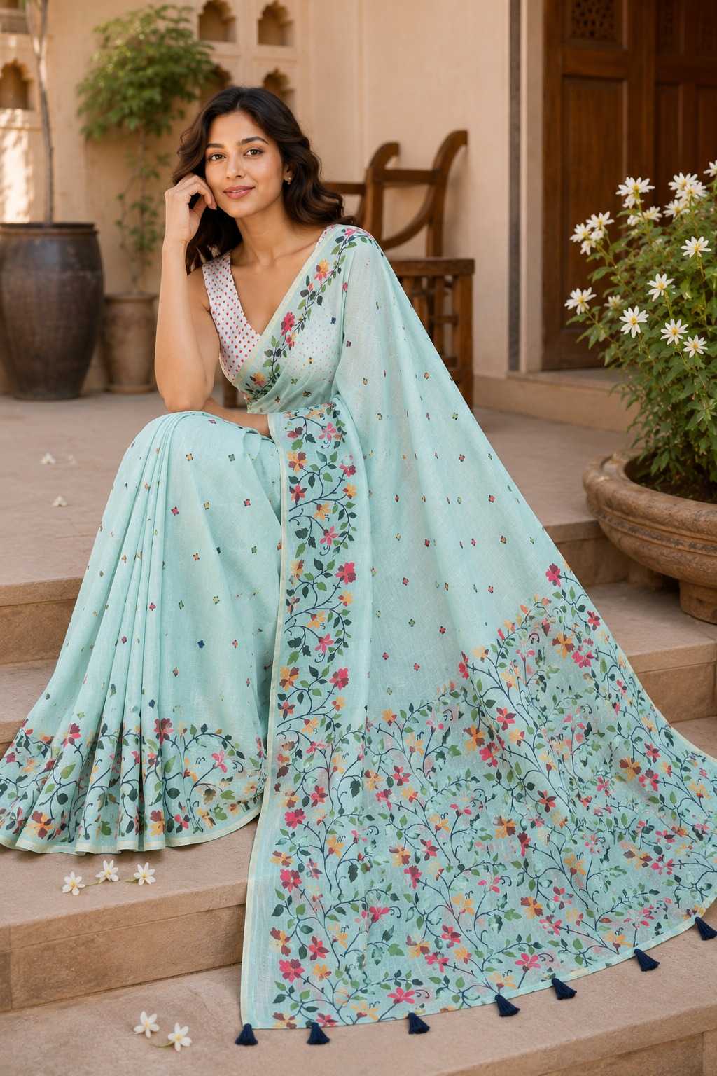 Linen Floral Saree
