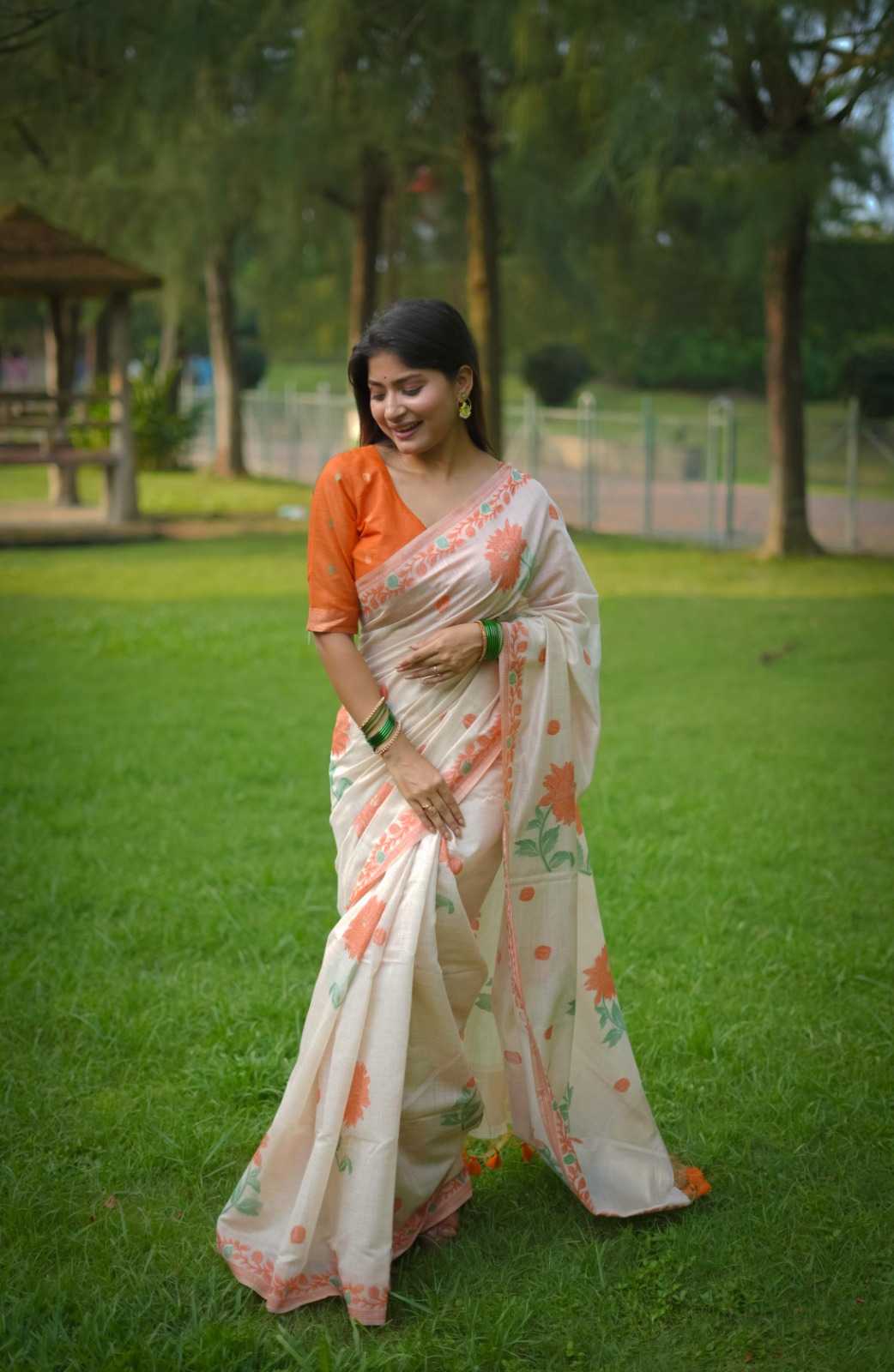 Cotton Designer Saree in Orange