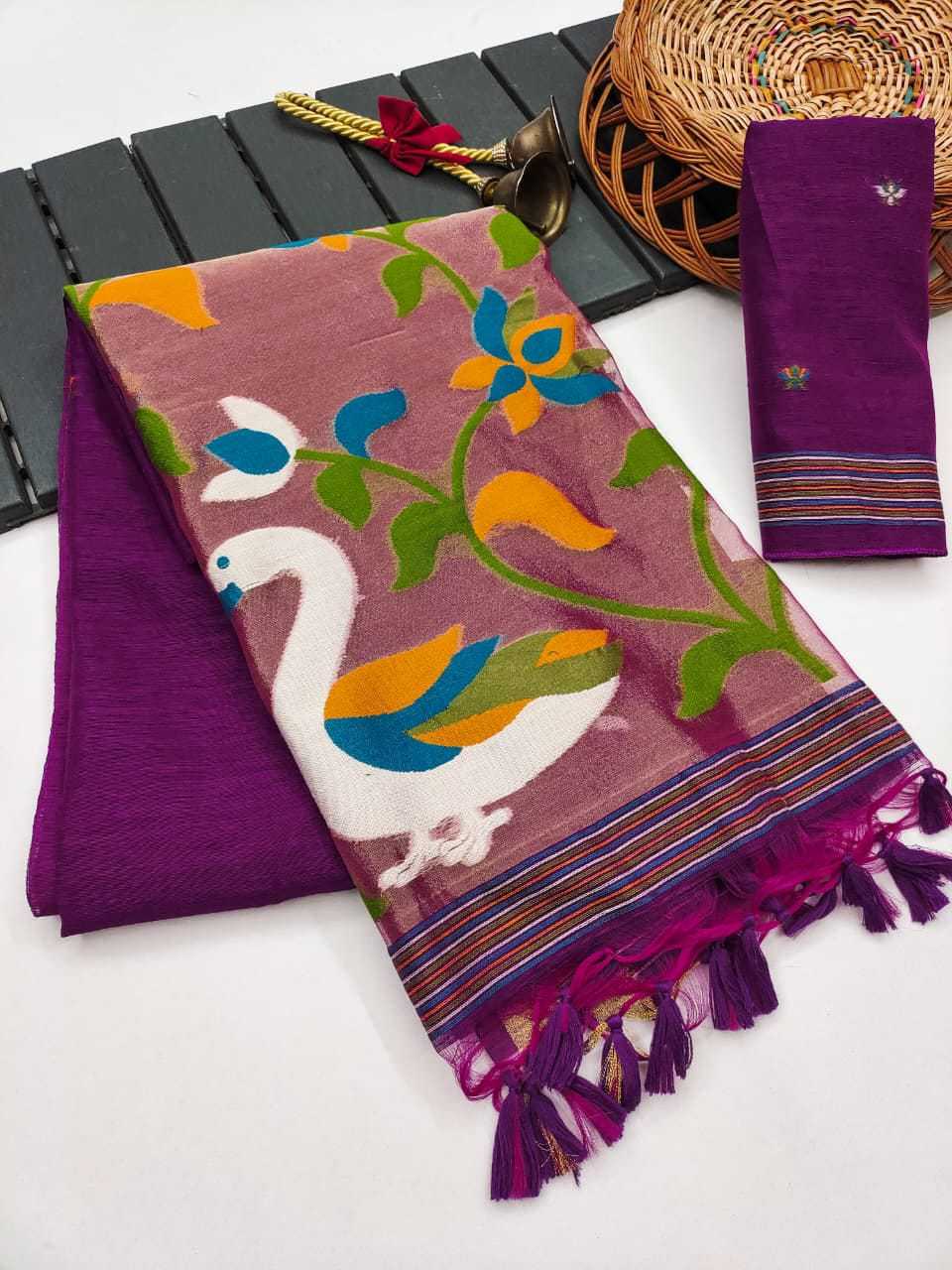 Linen Designer Saree in Purple