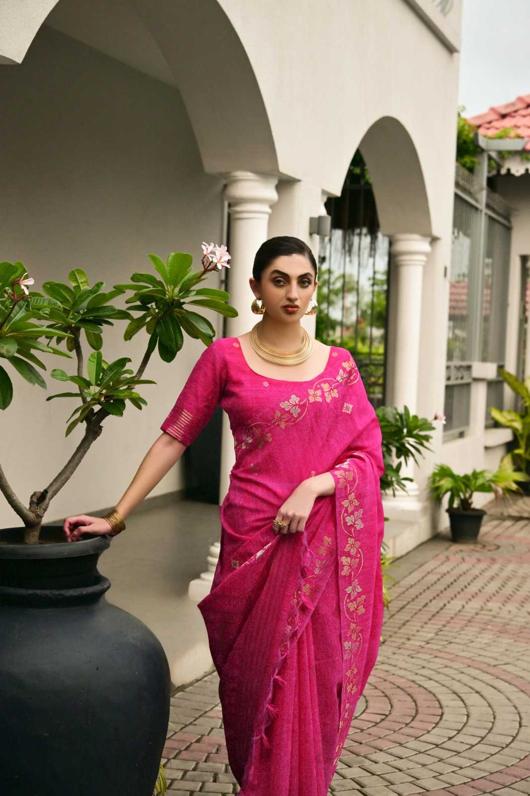 Linen Soft Silk Saree in Rani
