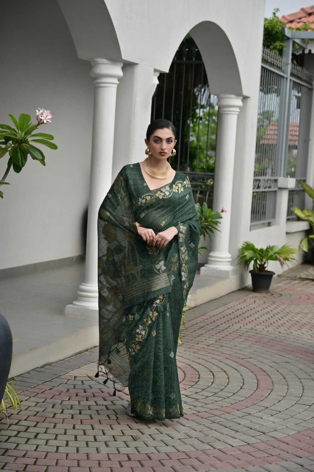Linen Soft Silk Saree in Rani