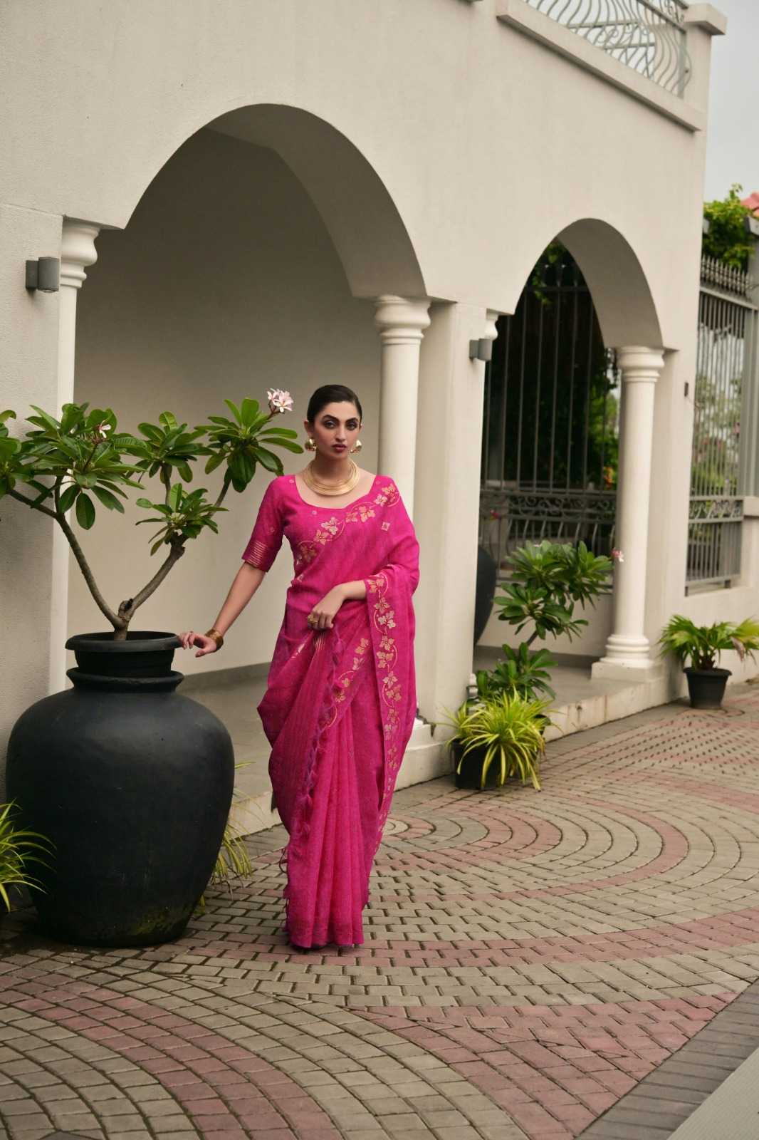 Linen Soft Silk Saree in Rani