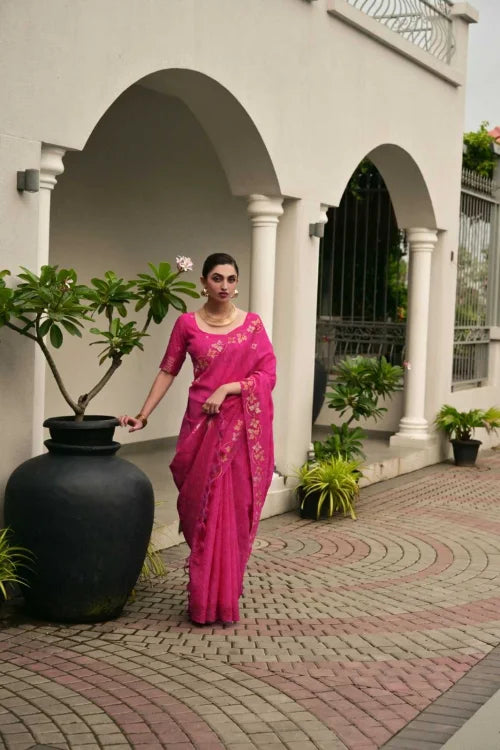 Linen Soft Silk Saree in Rani