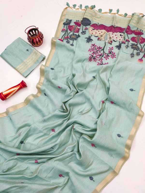Muga Soft Cotton Designer Saree in Green