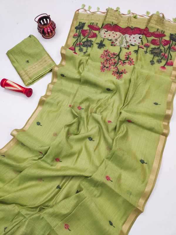 Muga Soft Cotton Designer Saree in Green