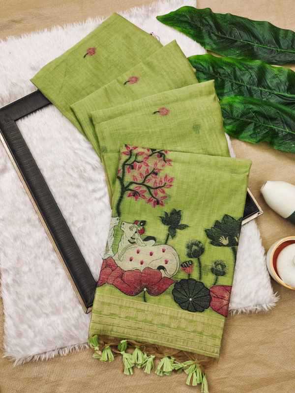Muga Soft Cotton Designer Saree in Green