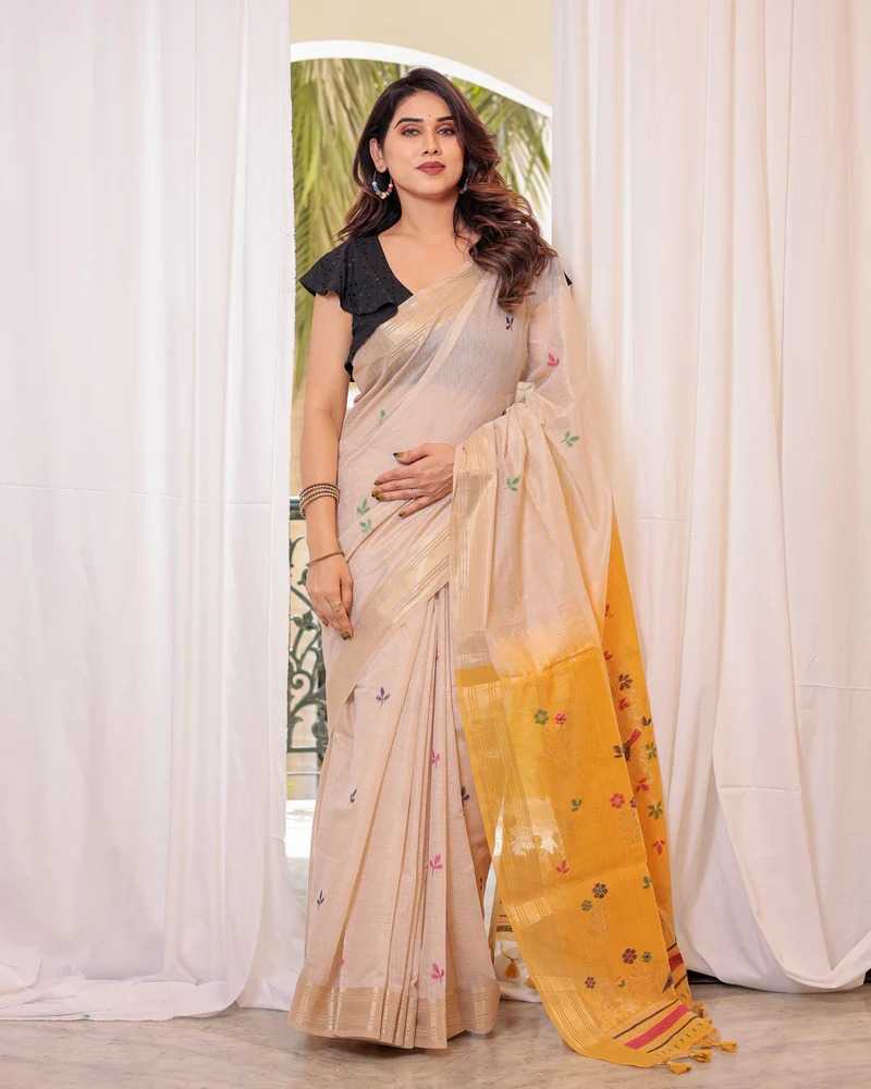 Soft Cotton Designer Saree in Yellow