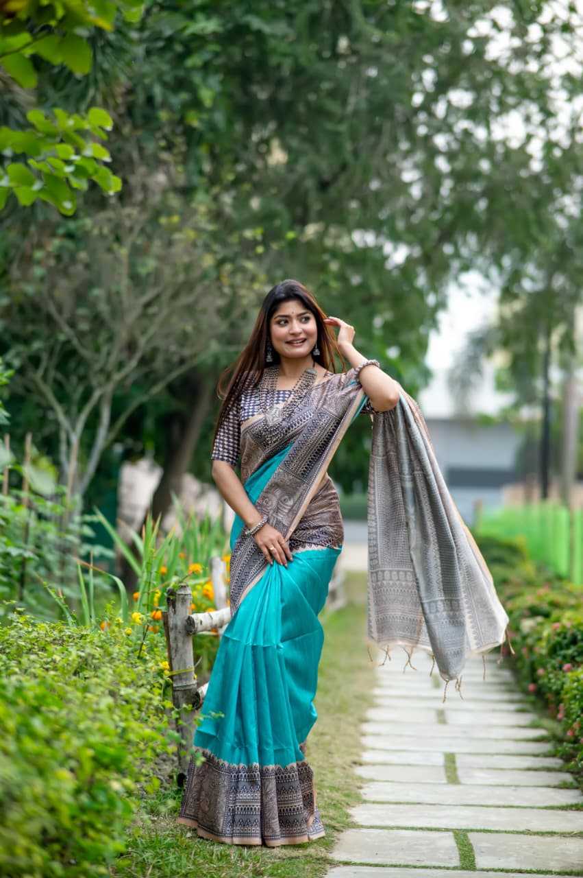 Tussar Silk Designer Saree in Sky Blue