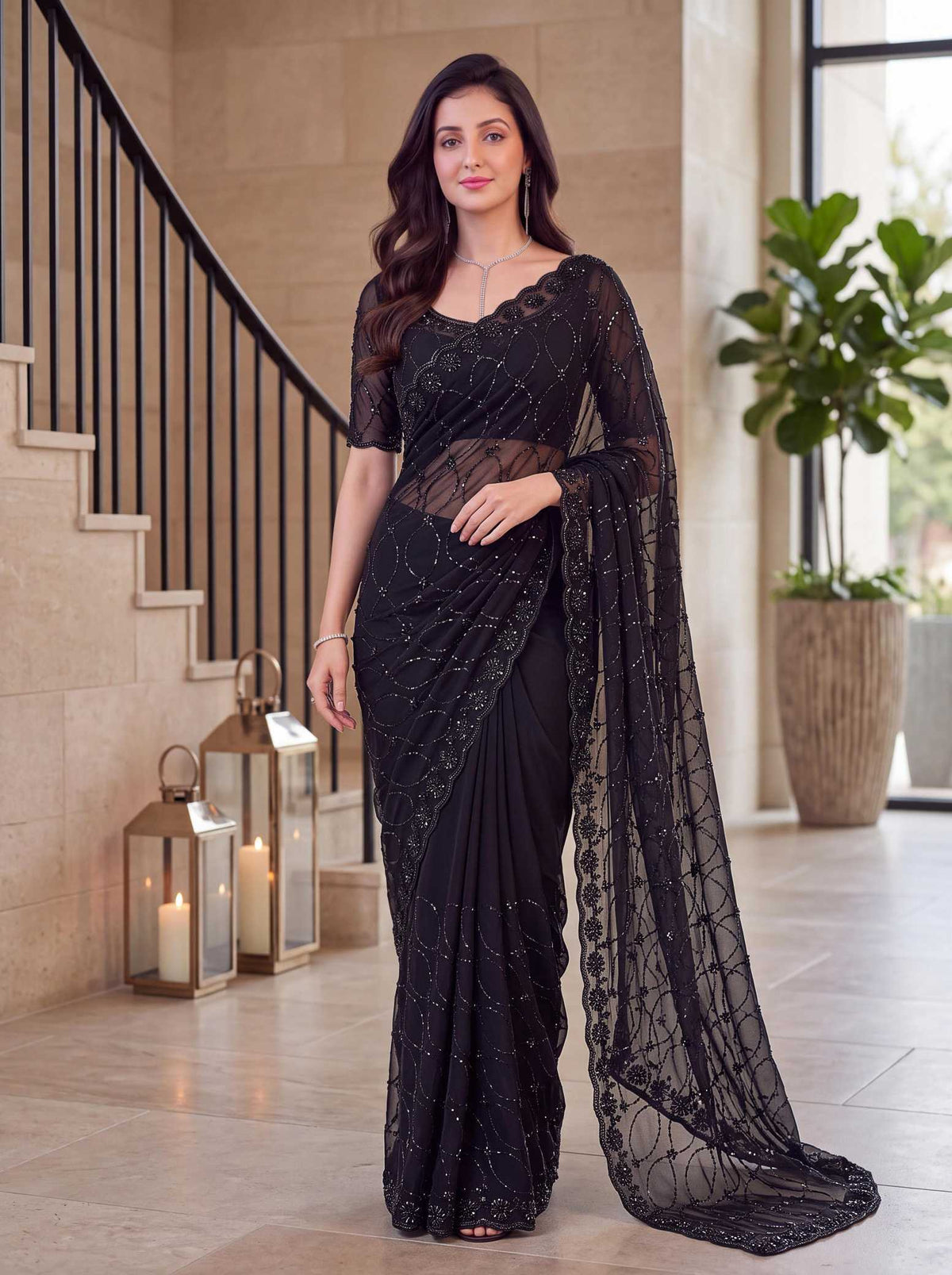 Dull Moss Designer Saree in Black