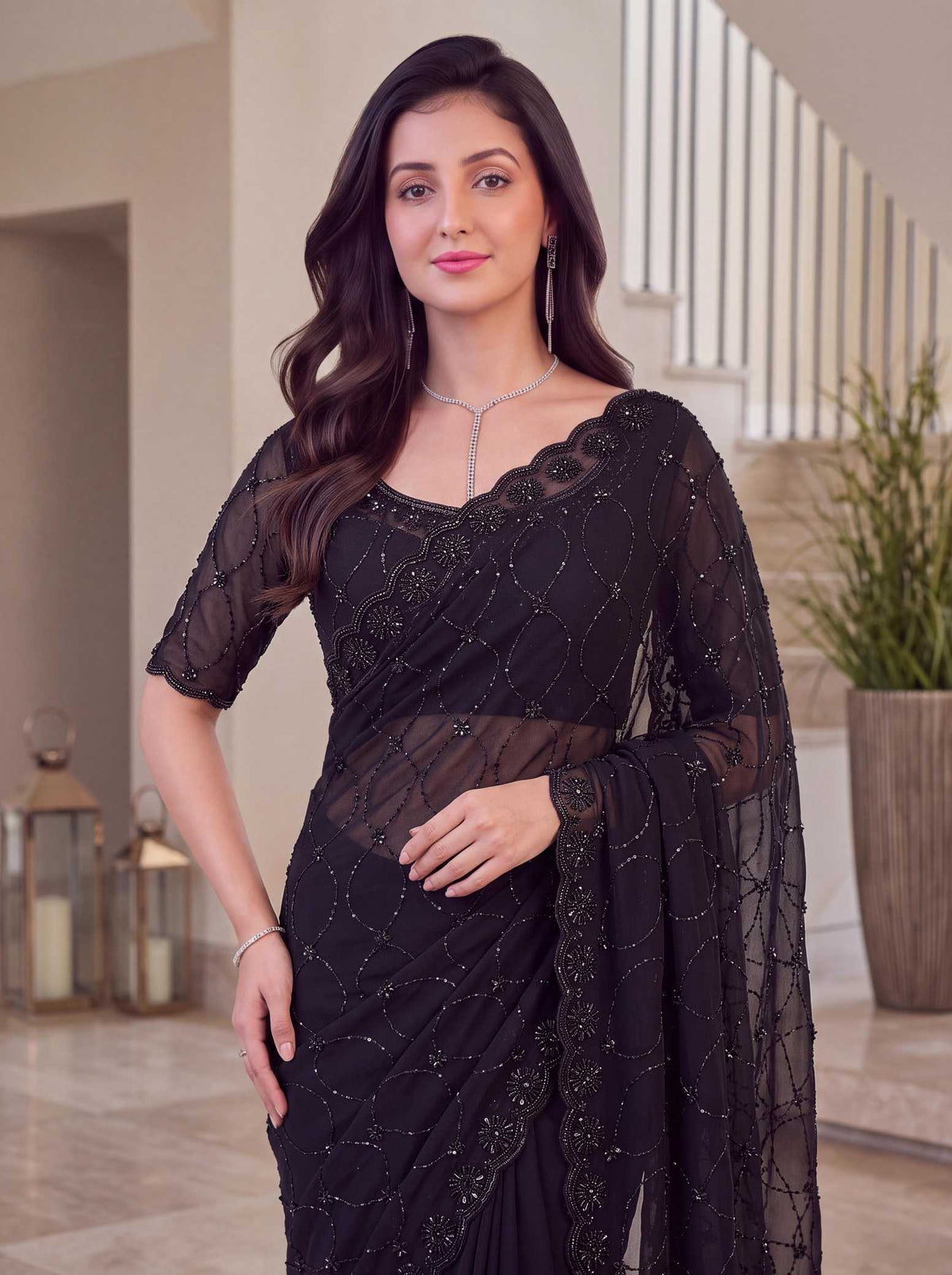Dull Moss Designer Saree in Black