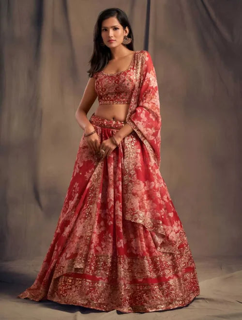 Organza Designer Lehenga in Red