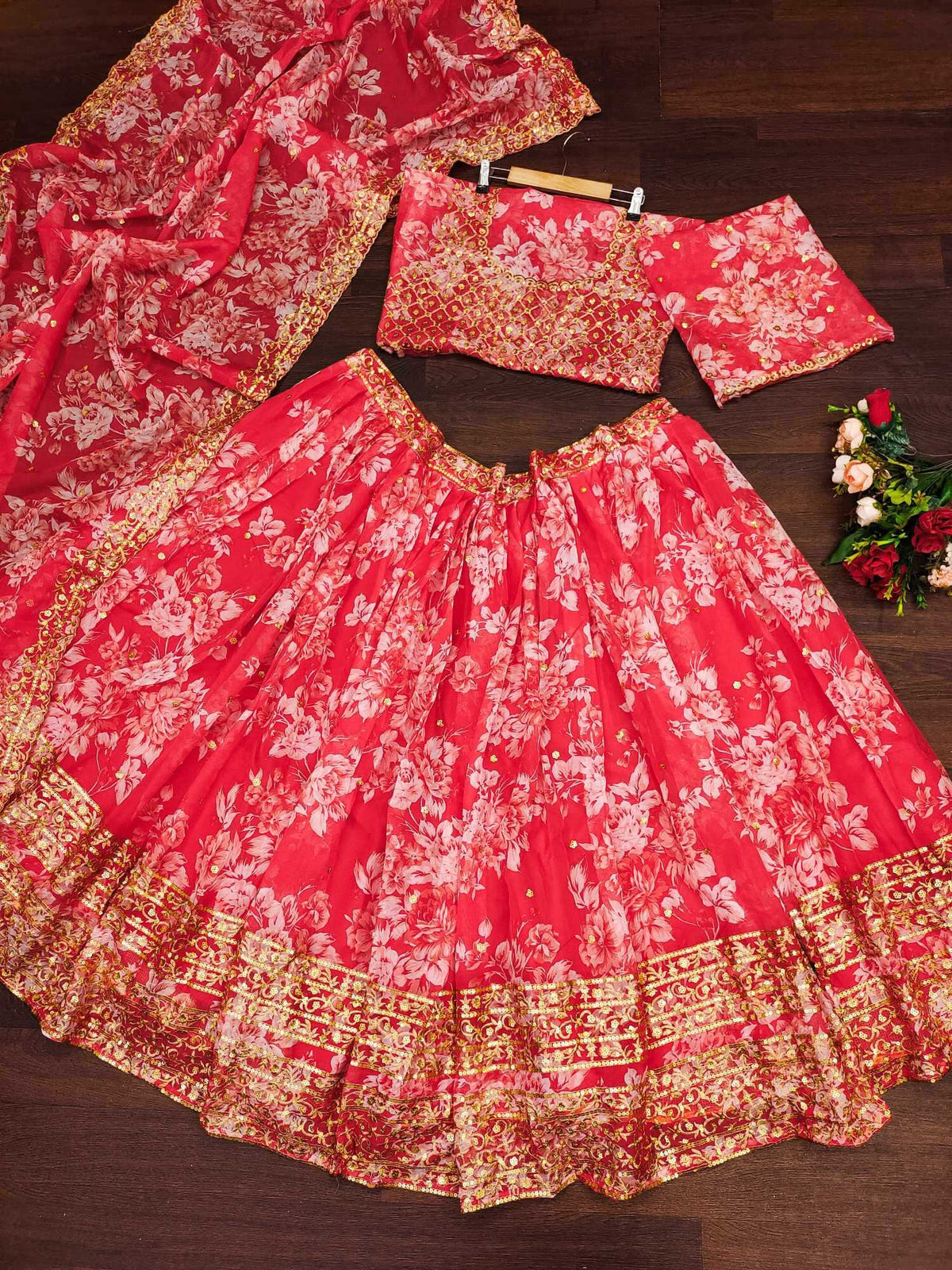 Organza Designer Lehenga in Red