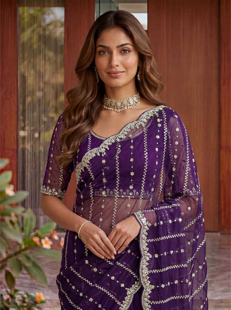 Satin Embroidered Saree