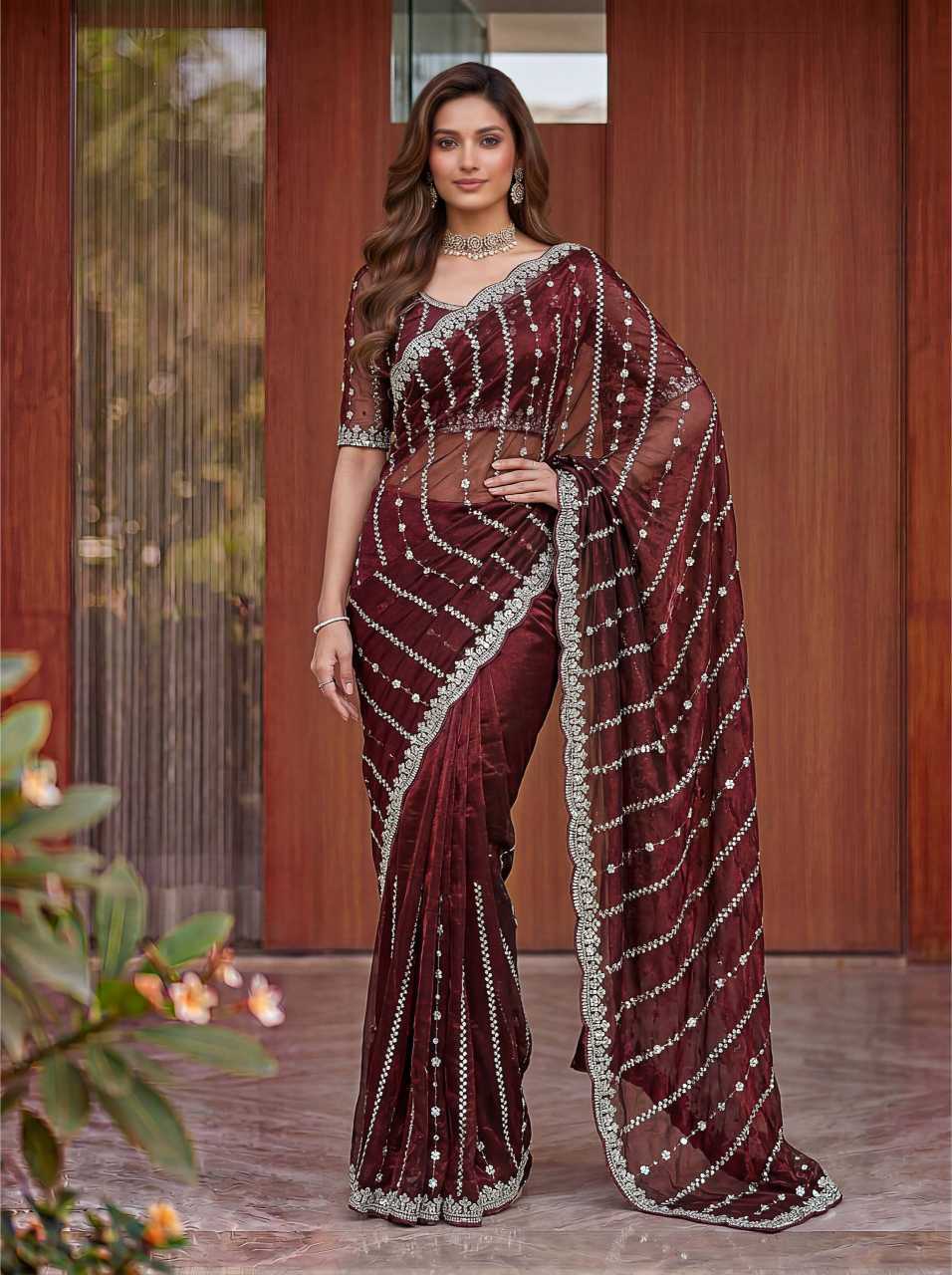 Satin Embroidered Saree