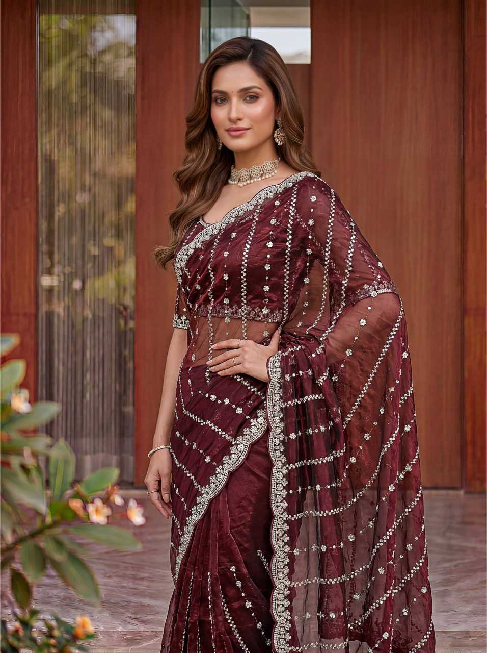 Satin Embroidered Saree