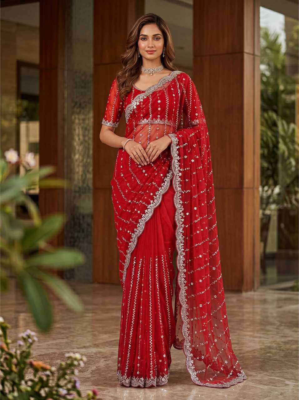 Satin Embroidered Saree