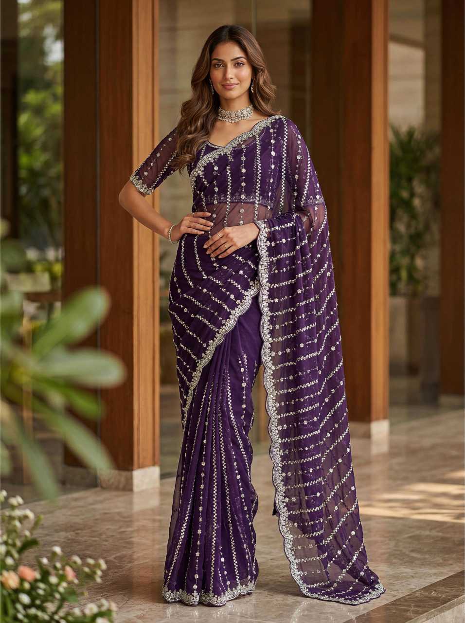 Satin Embroidered Saree