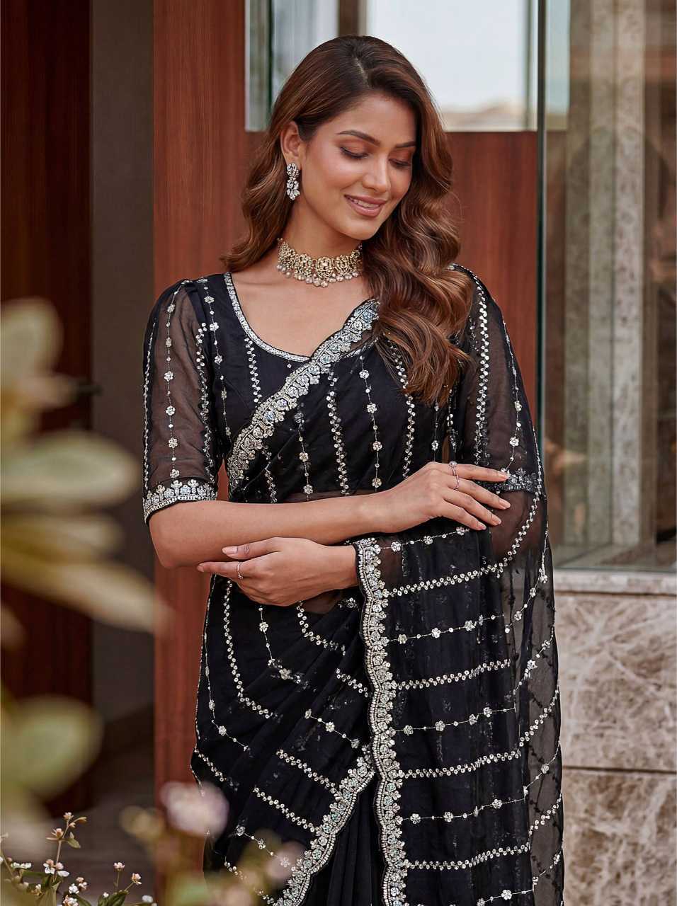 Satin Embroidered Saree